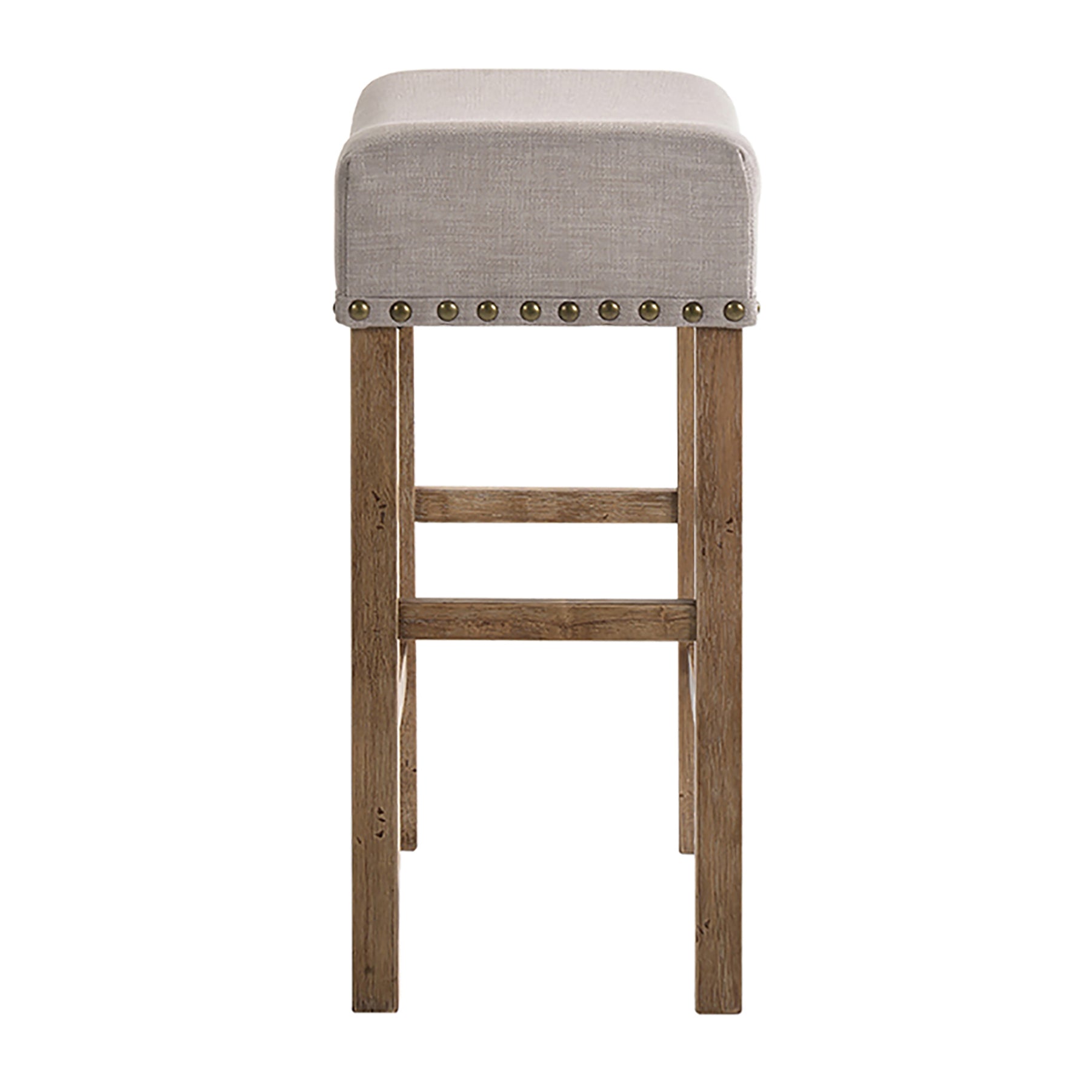 Light gray upholstered counter stool with nailhead trim and rustic wood legs