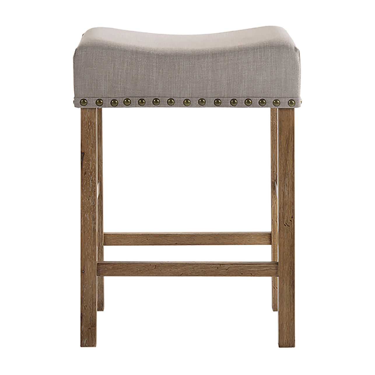Grey upholstered saddle bar stool with wood legs and nailhead trim
