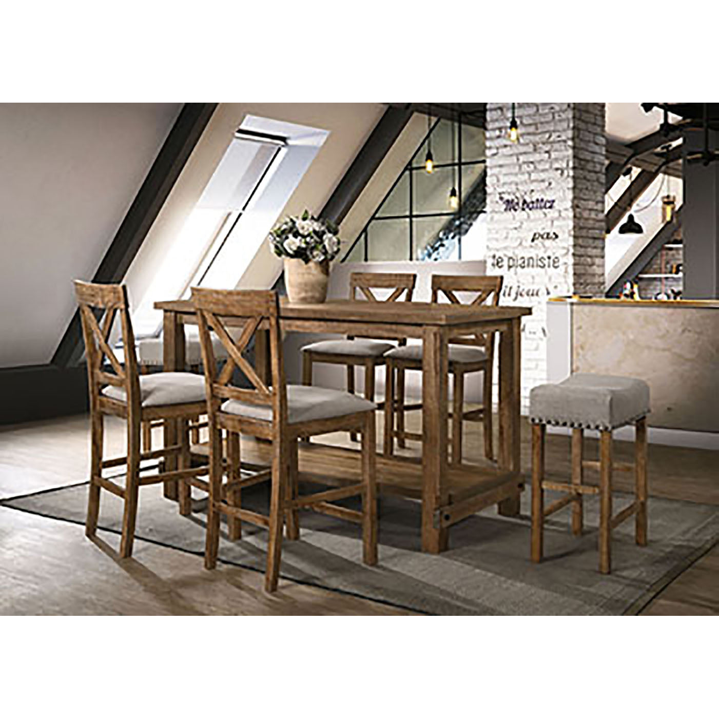 Rustic wood bar table and stool set with upholstered grey seats