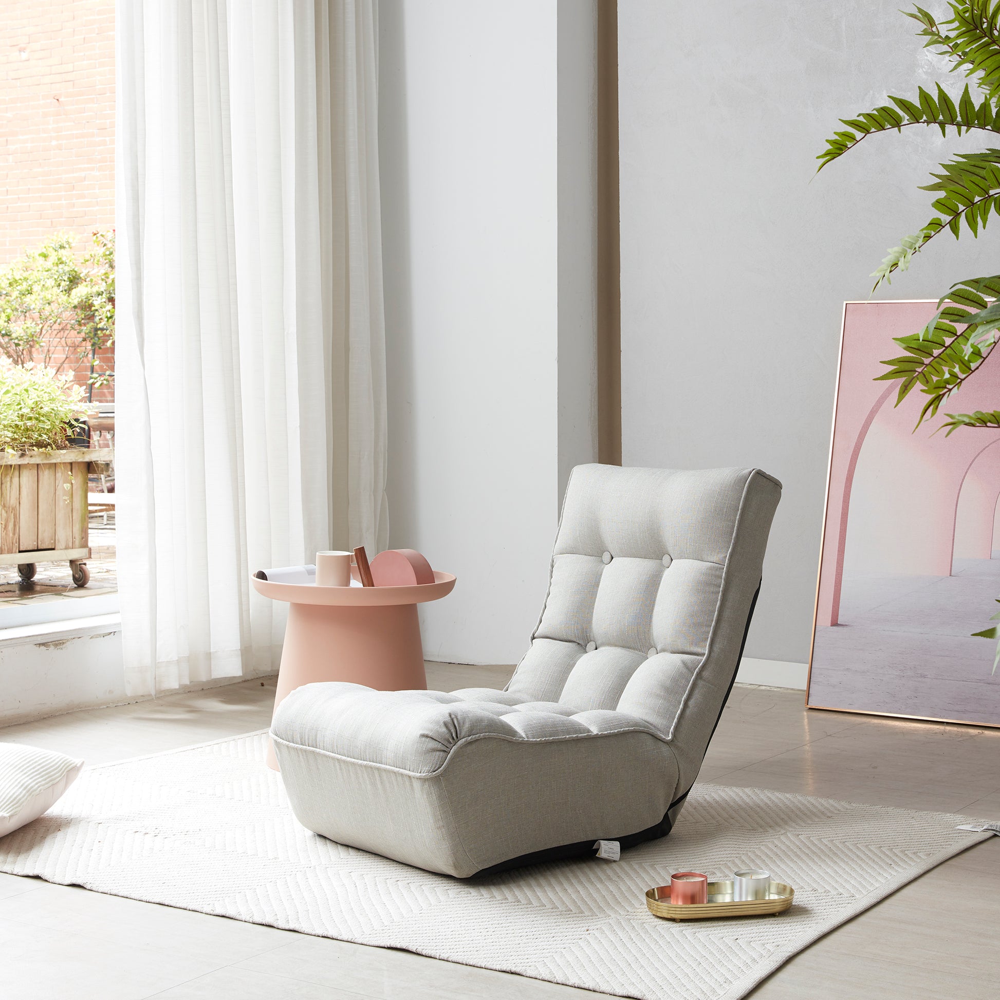 Tufted grey linen accent chair with adjustable back perfect for modern living rooms