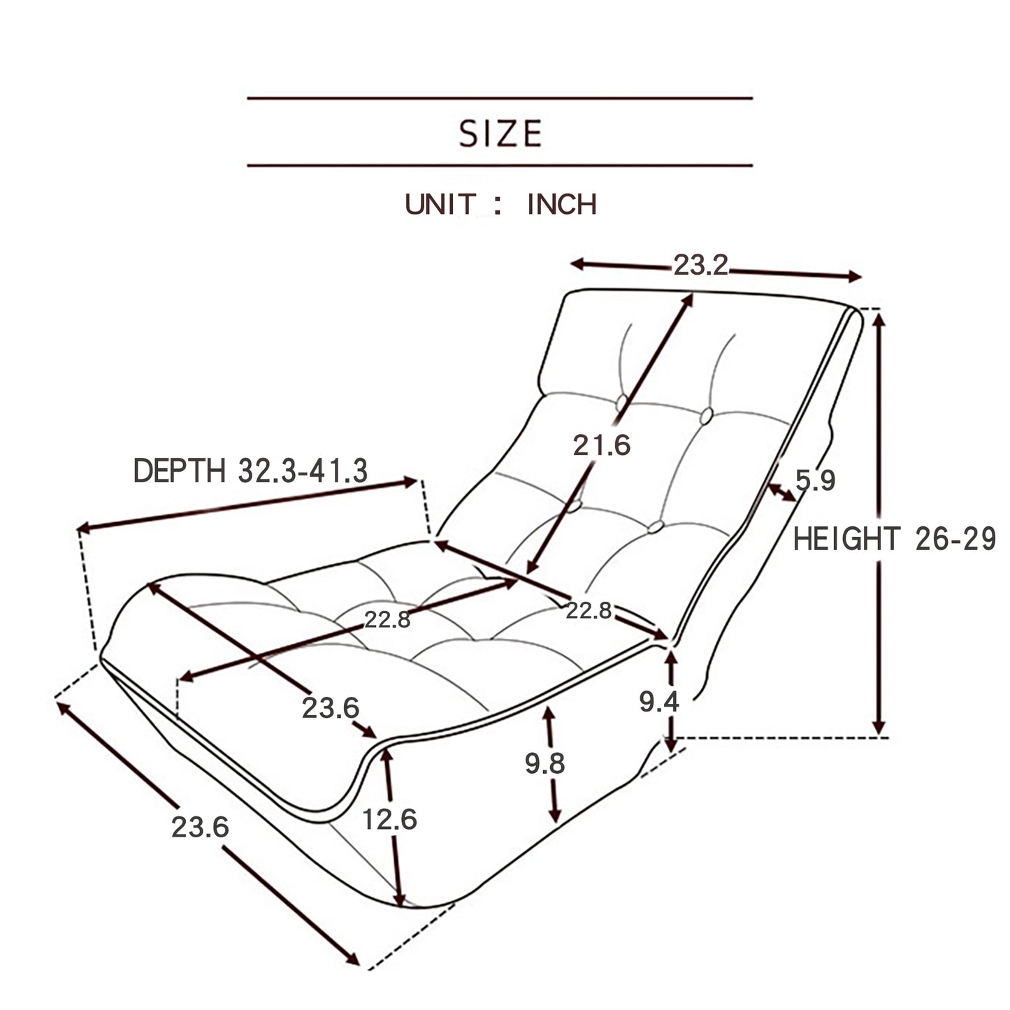 Tufted chaise lounge dimensions in depth in height in width in arm height