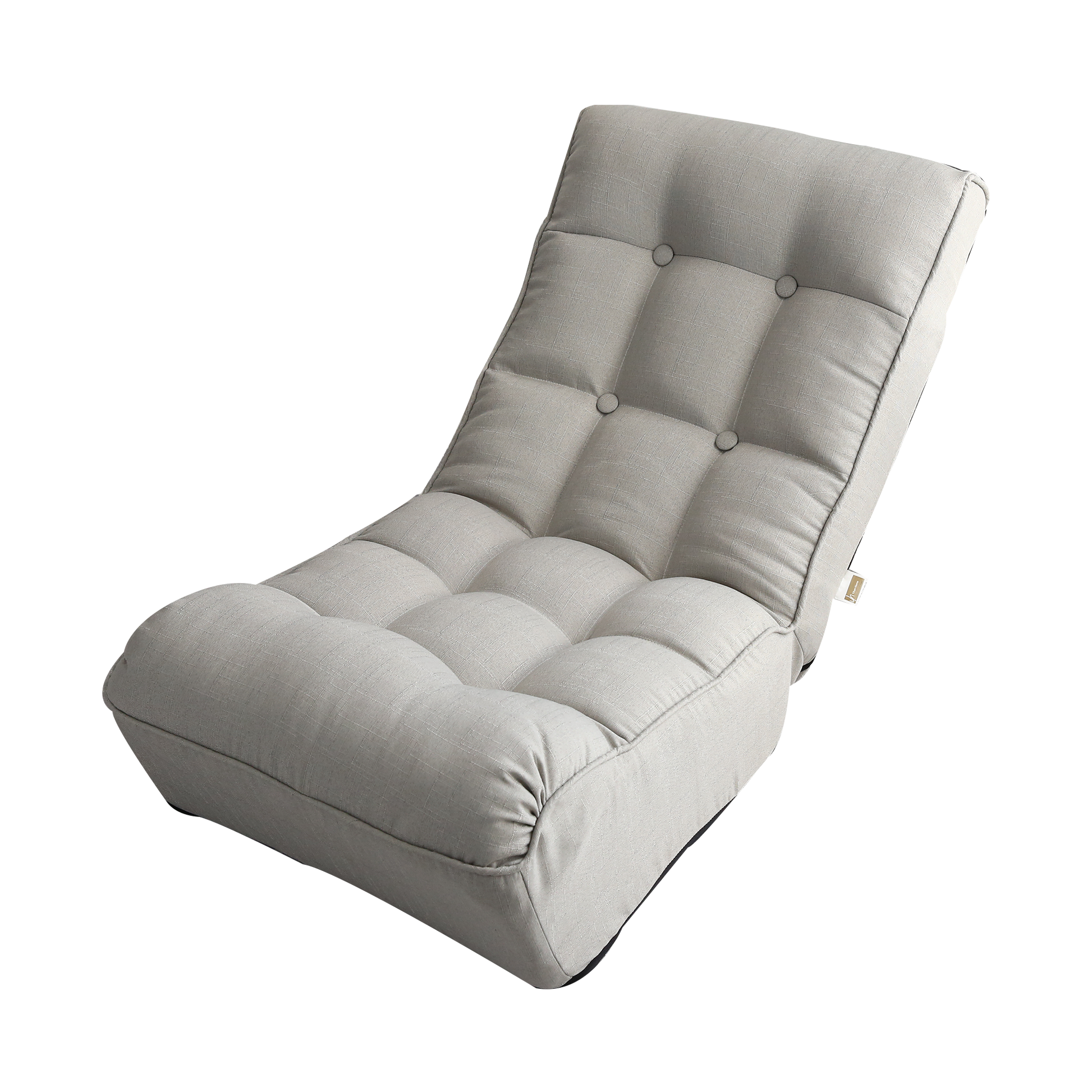Padded grey linen floor chair with tufted seat and back adjustable angle for comfort