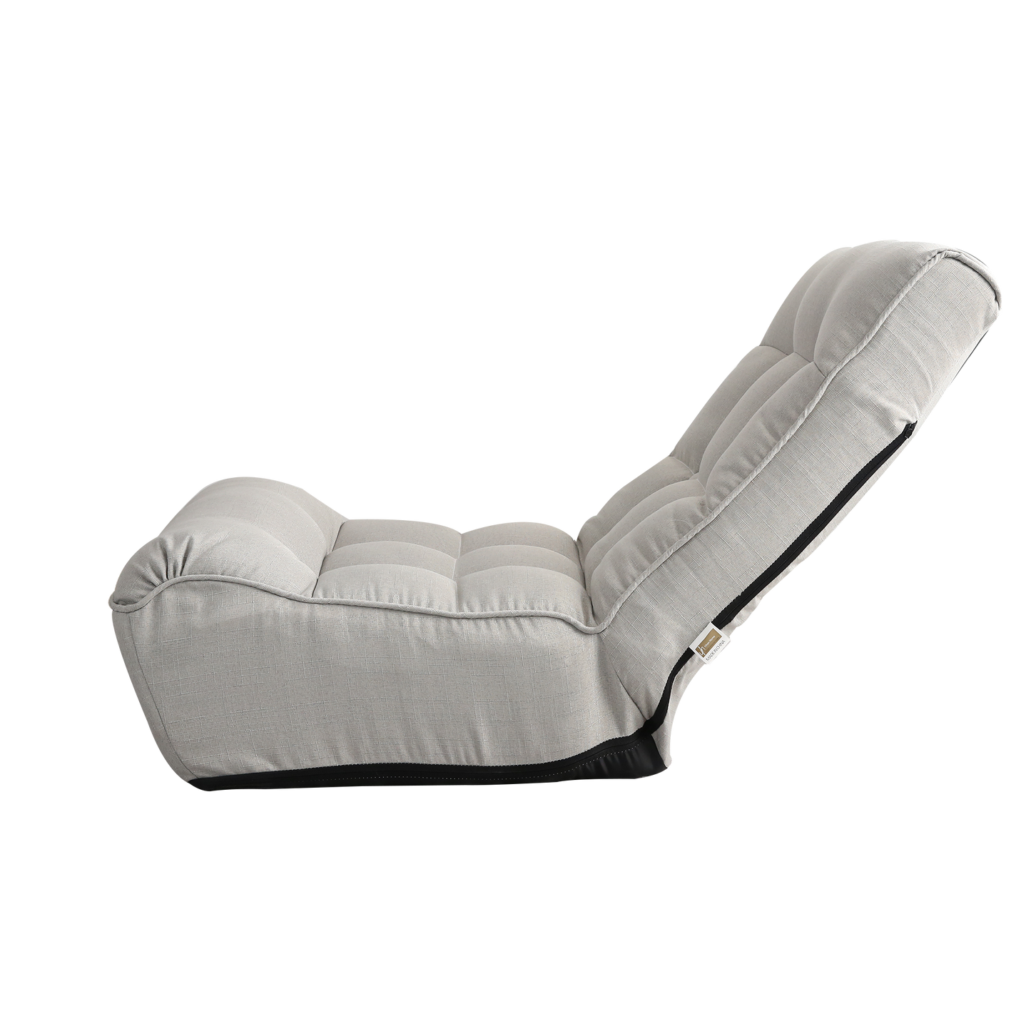 Light gray linen floor chair with tufted cushioning and adjustable back support