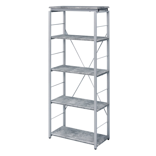 Gray fivetier shelf unit with faux concrete shelves and silver metal frame