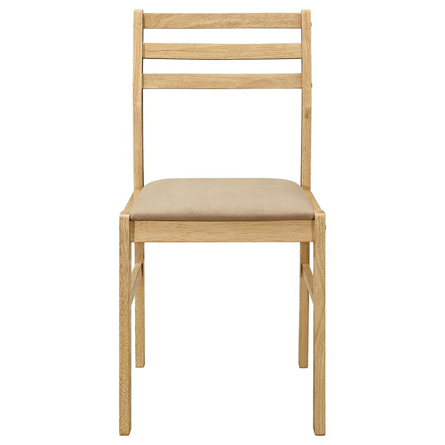 Minimalist wooden dining chair with a tan upholstered seat and horizontal back slats