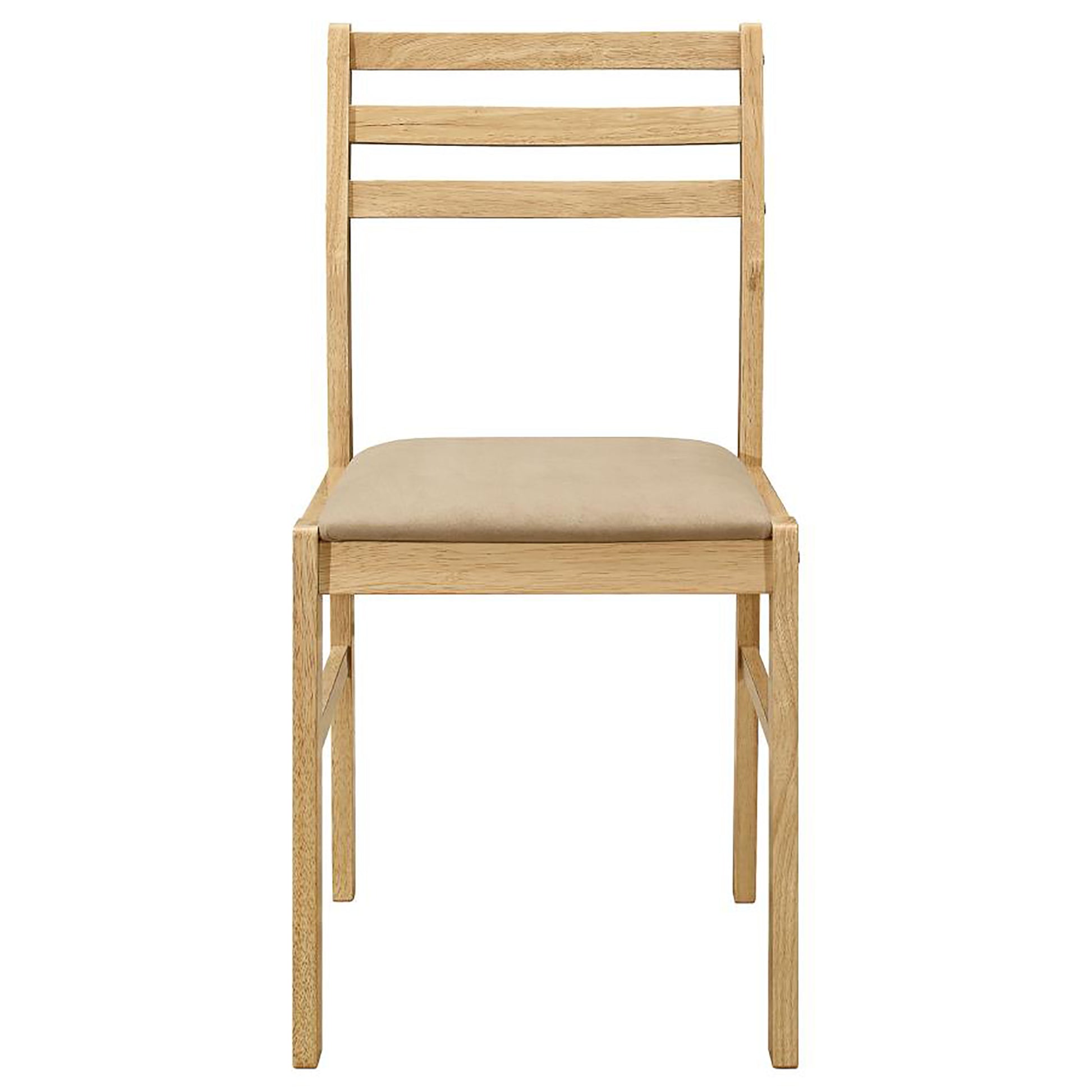 Minimalist wooden dining chair with a tan upholstered seat and horizontal back slats
