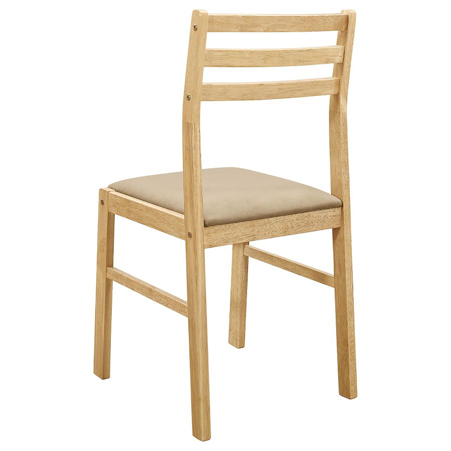 Natural wood dining chair with a beige upholstered seat and slatted back