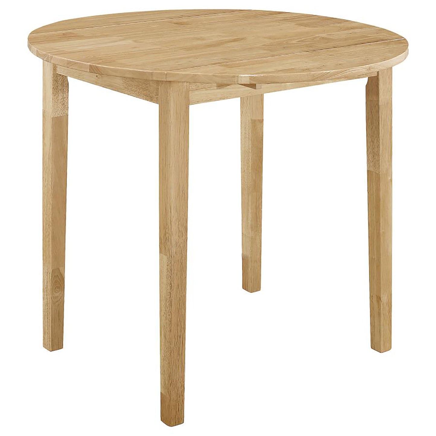 Light wood drop leaf dining table with a round top and four tapered legs