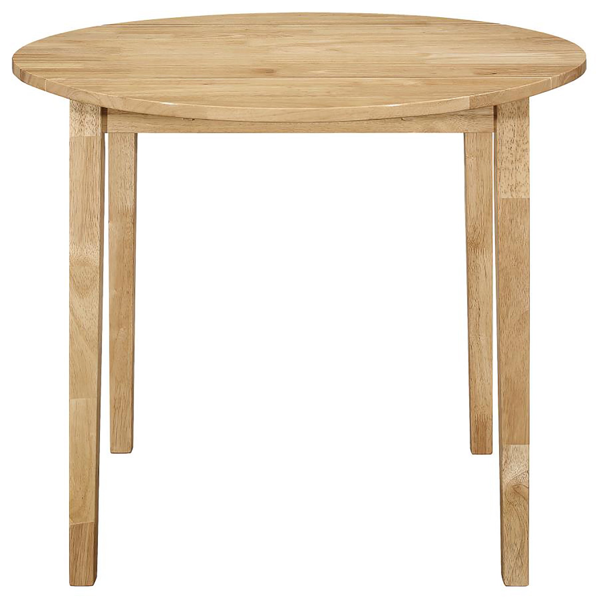 Round dropleaf dining table in natural wood finish perfect for compact spaces