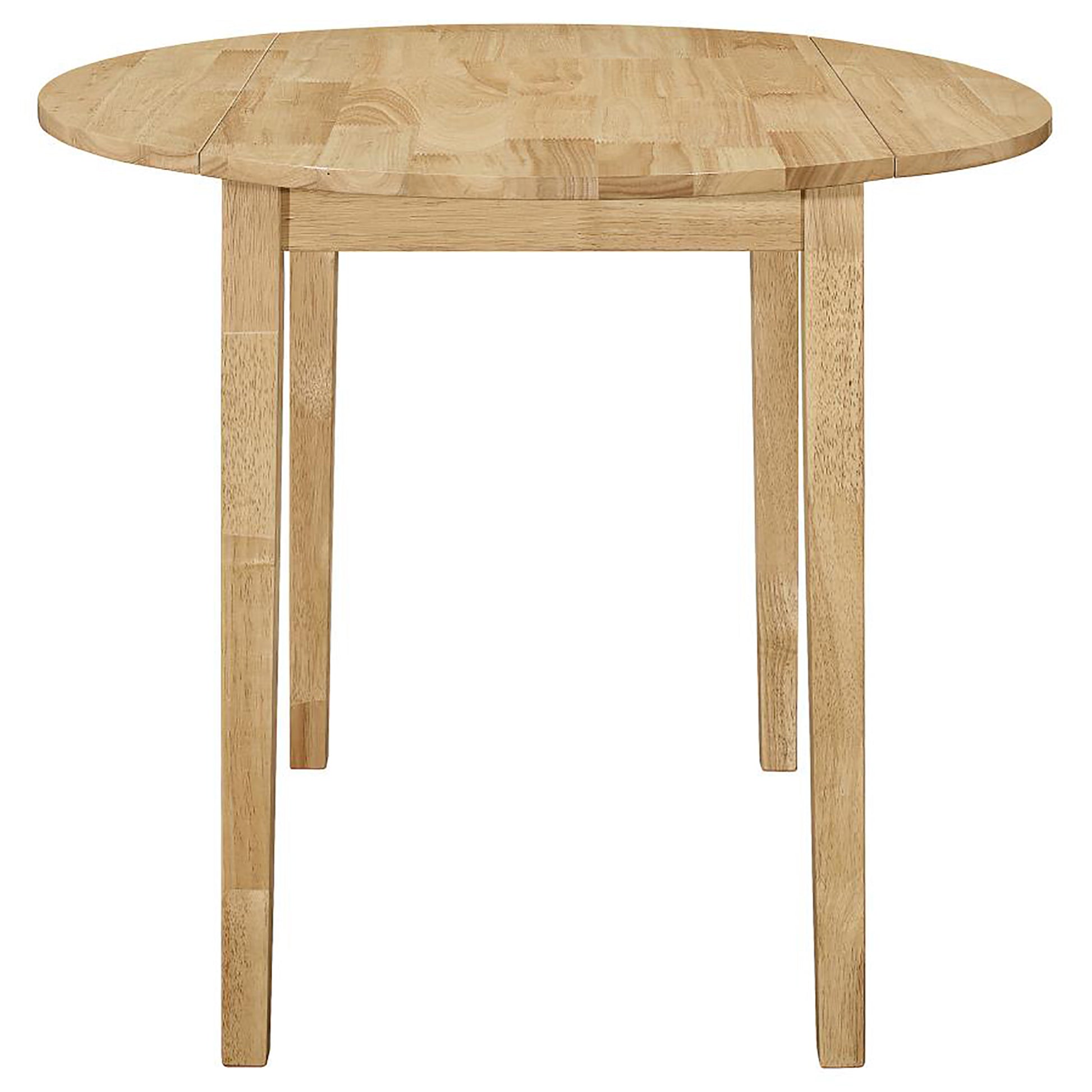Natural wood drop leaf dining table with a butcher block top and tapered legs