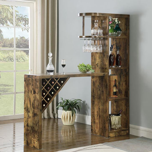 Rustic brown bar unit with wine rack and glass holders