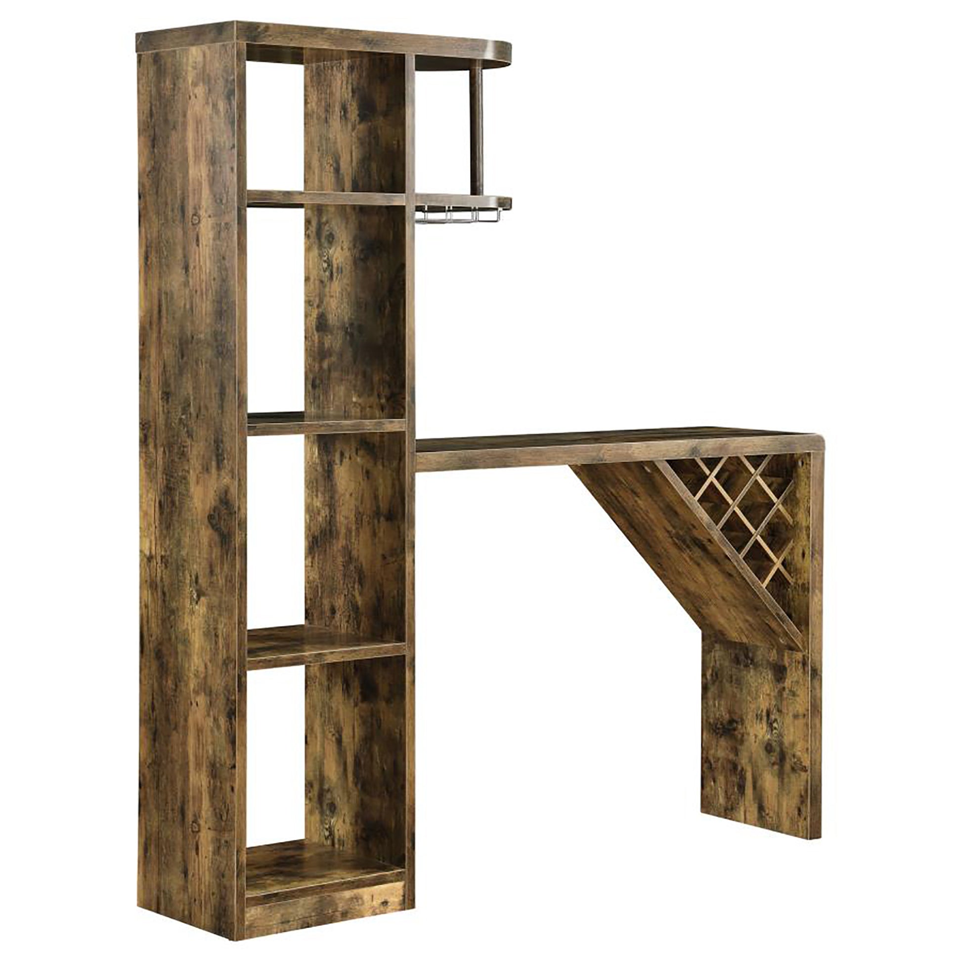 Rustic brown bar cabinet with open shelving and wine rack
