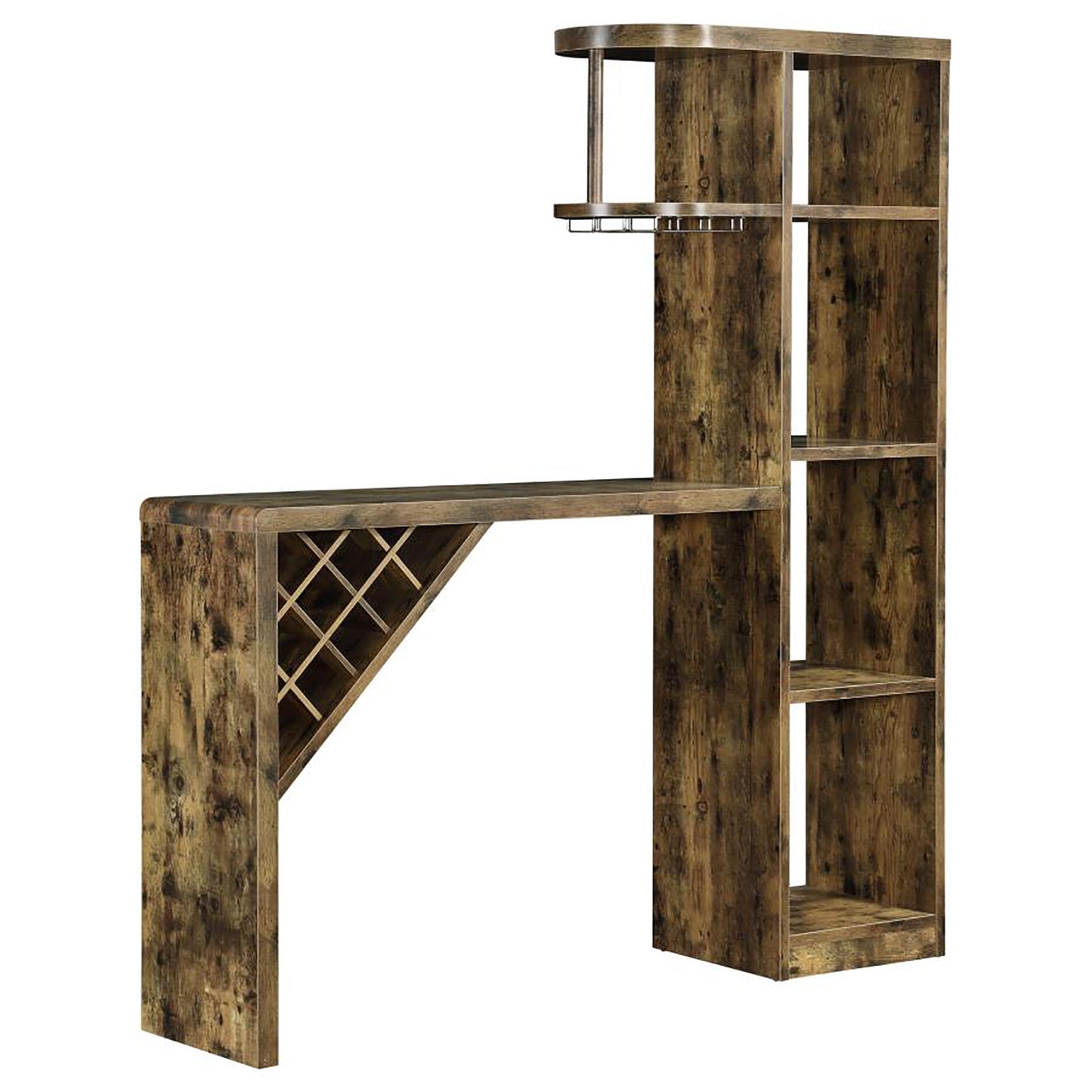 Rustic oak bar cabinet with wine rack and glass holders for entertaining