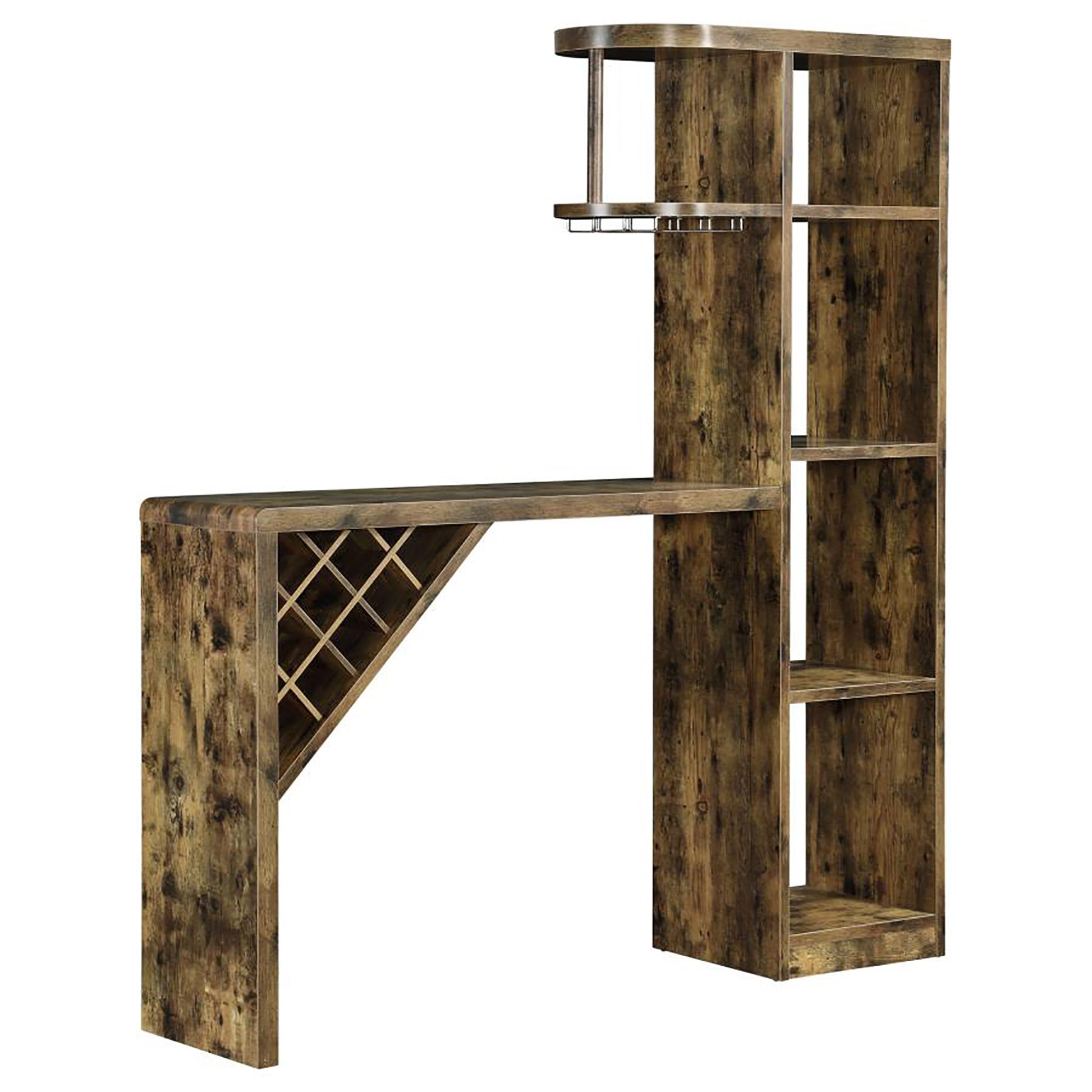 Rustic oak bar cabinet with wine rack and glass holders for entertaining