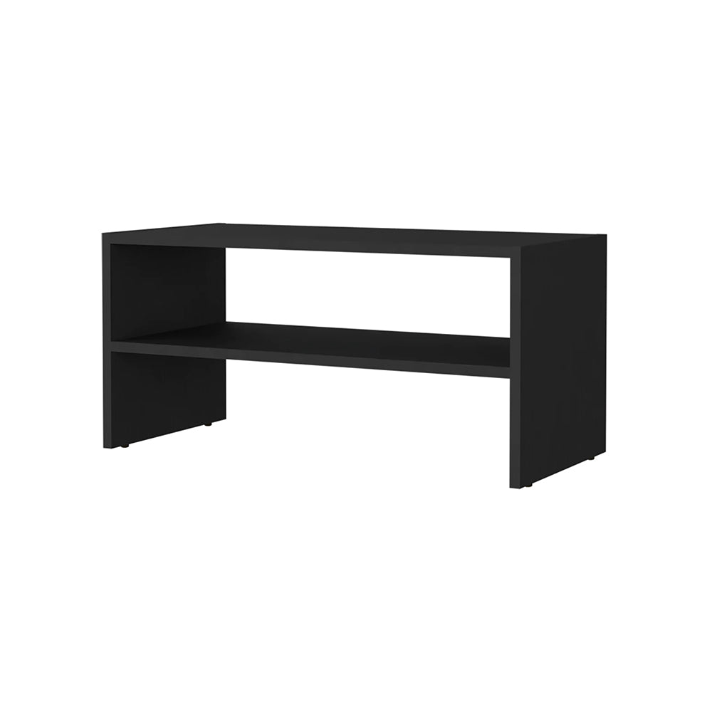 Modern black TV stand with open shelving