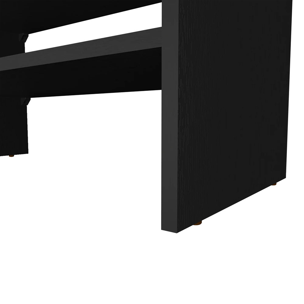 Closeup of a black wood grain bookshelf shelf edge with visible support brackets