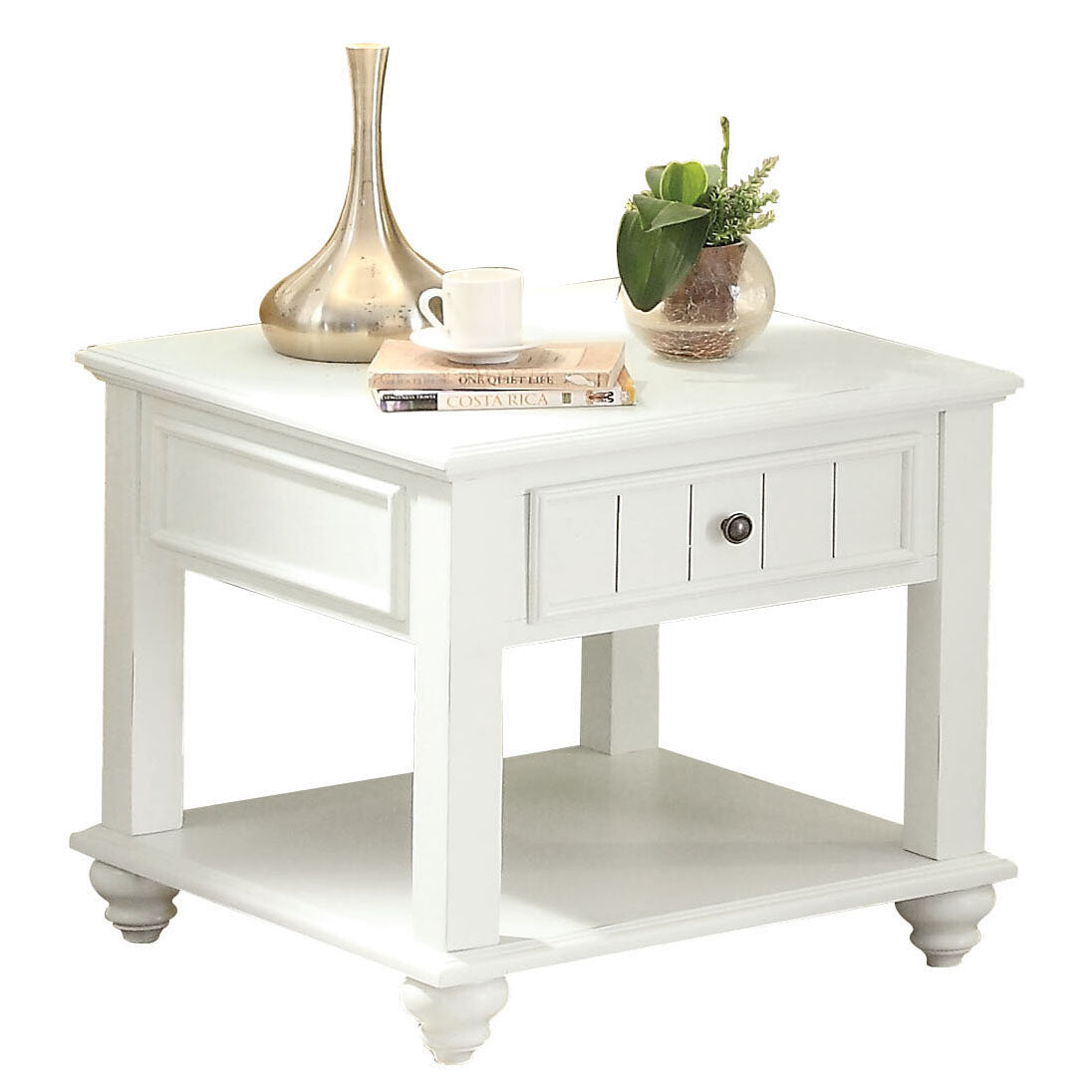 White wooden end table with a single drawer decorative molding and lower shelf perfect for living room decor