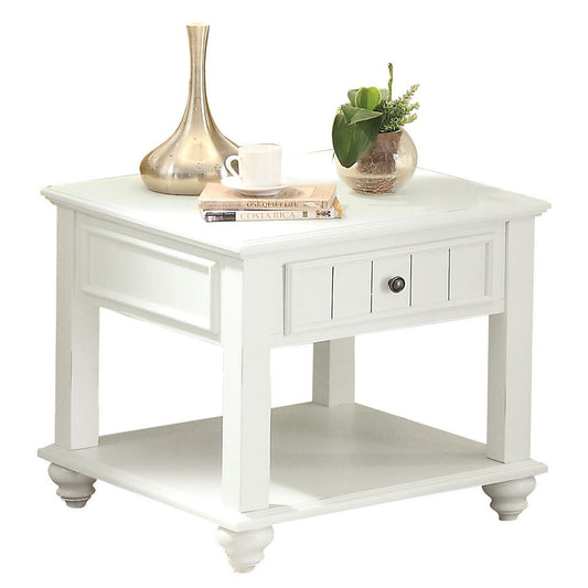 White wooden end table with a single drawer decorative molding and lower shelf perfect for living room decor