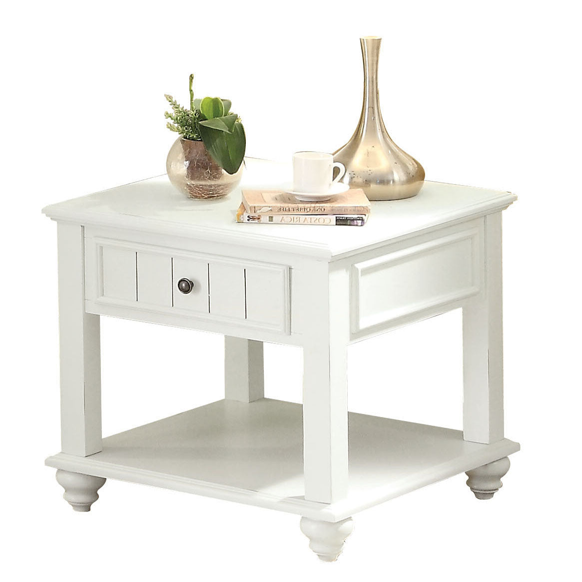 White farmhouse end table with single drawer and lower shelf Adds charm to any living room