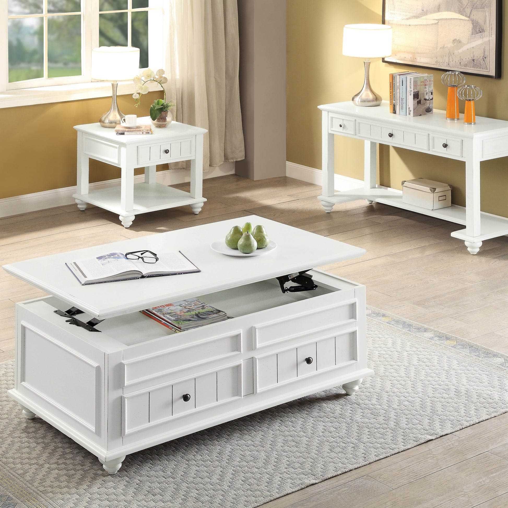 White lifttop coffee table with storage drawers open to reveal magazines and mechanism