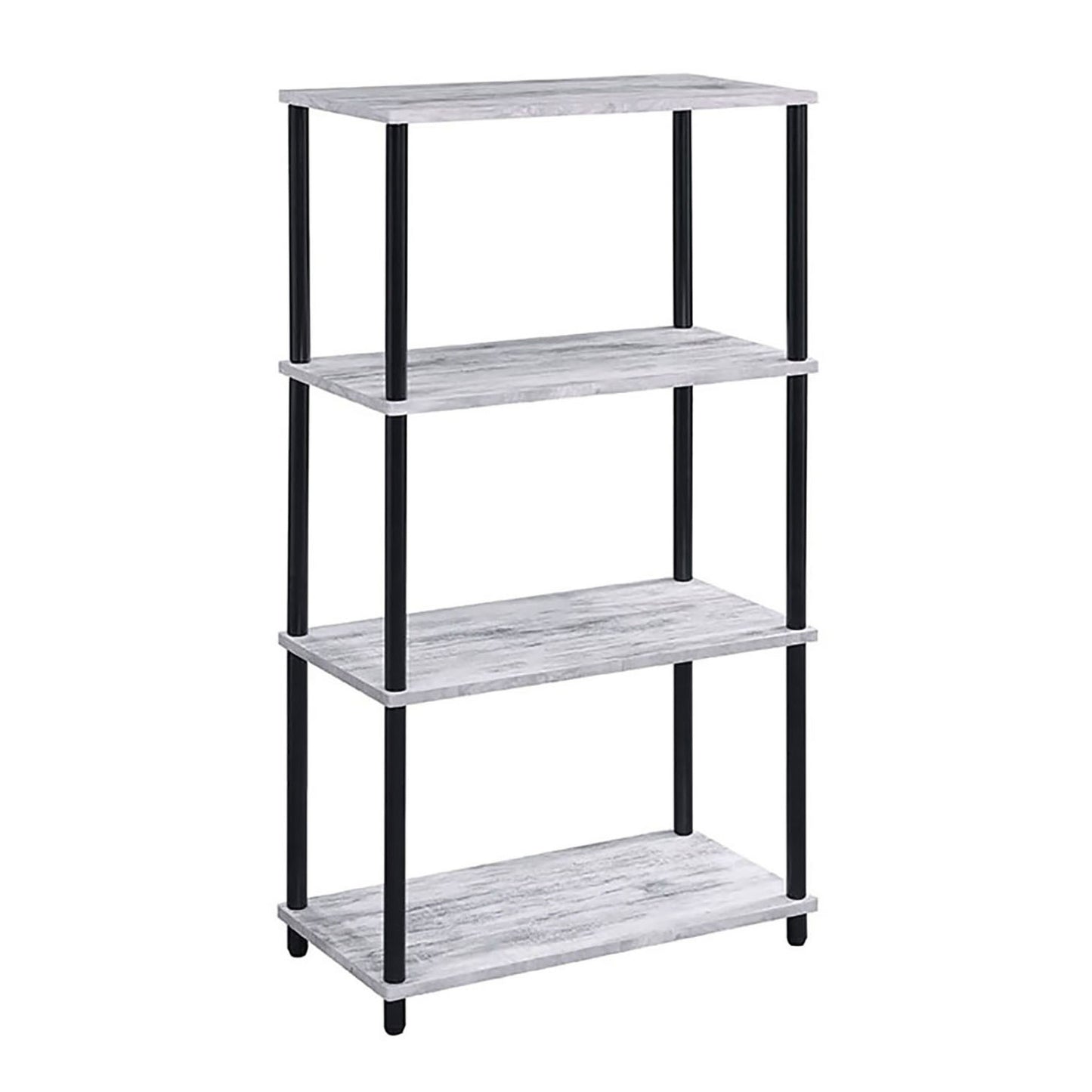 Fourtier industrial bookshelf with grey woodgrain shelves and black metal frame