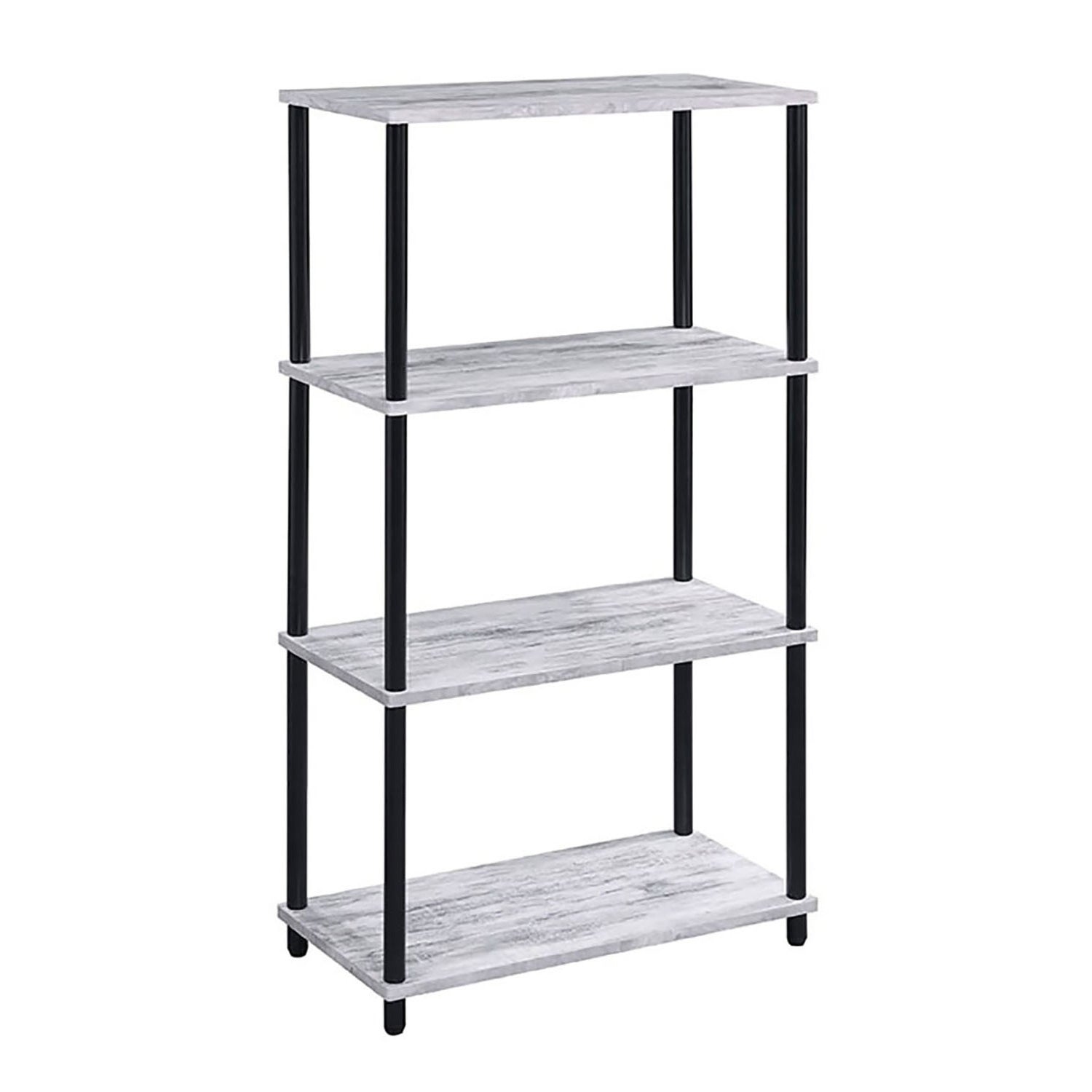 Fourtier industrial bookshelf with grey woodgrain shelves and black metal frame