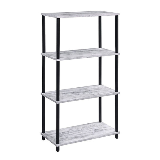 Fourtier industrial bookshelf with grey woodgrain shelves and black metal frame