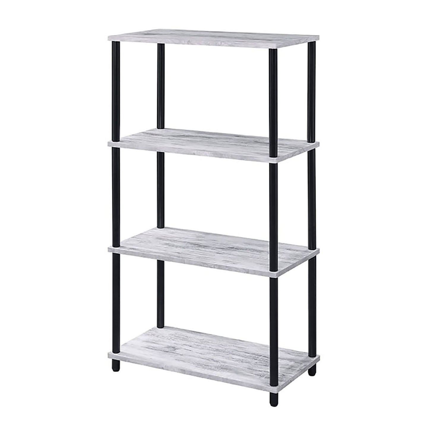Fourtier bookshelf with distressed woodlook shelves and black metal frame