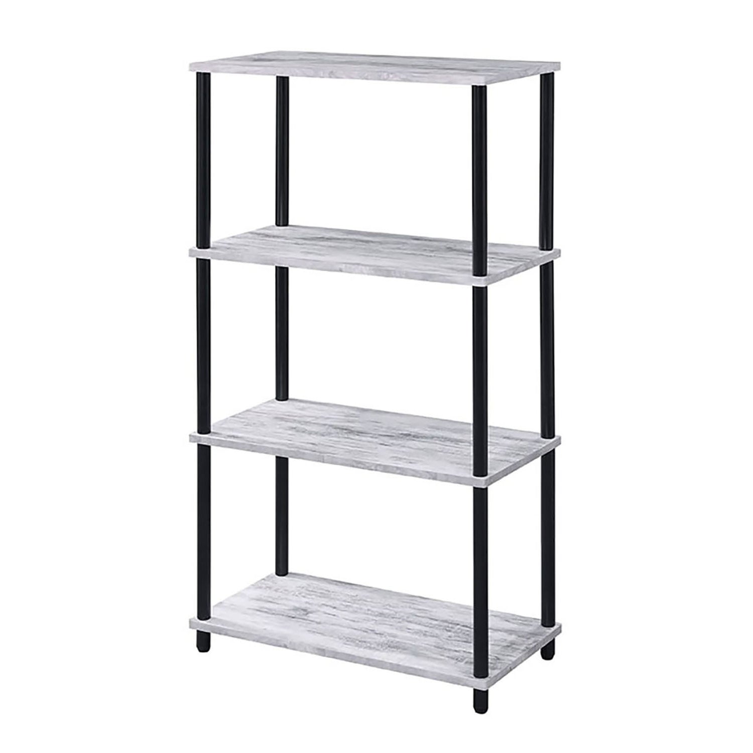 Fourtier bookshelf with distressed woodlook shelves and black metal frame