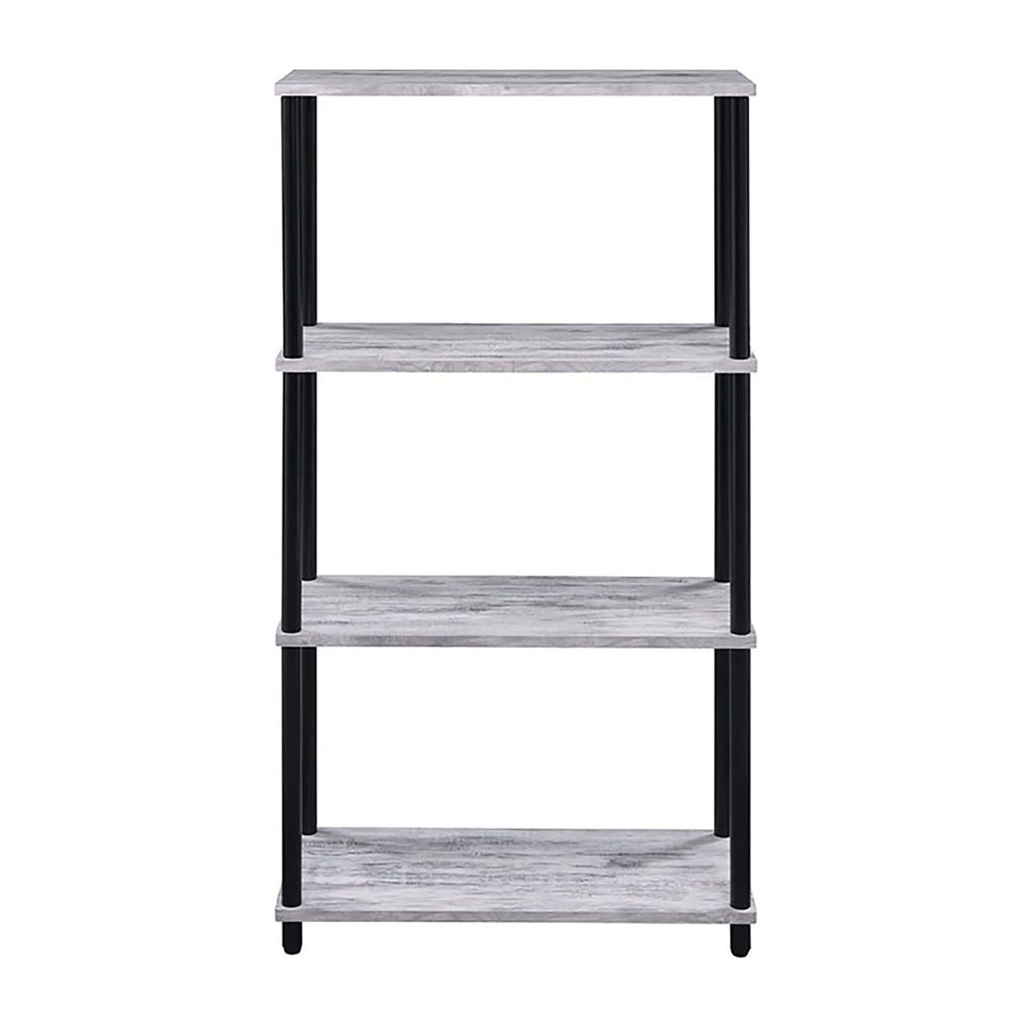 Fourshelf industrial bookshelf with weathered gray wood and black metal frame