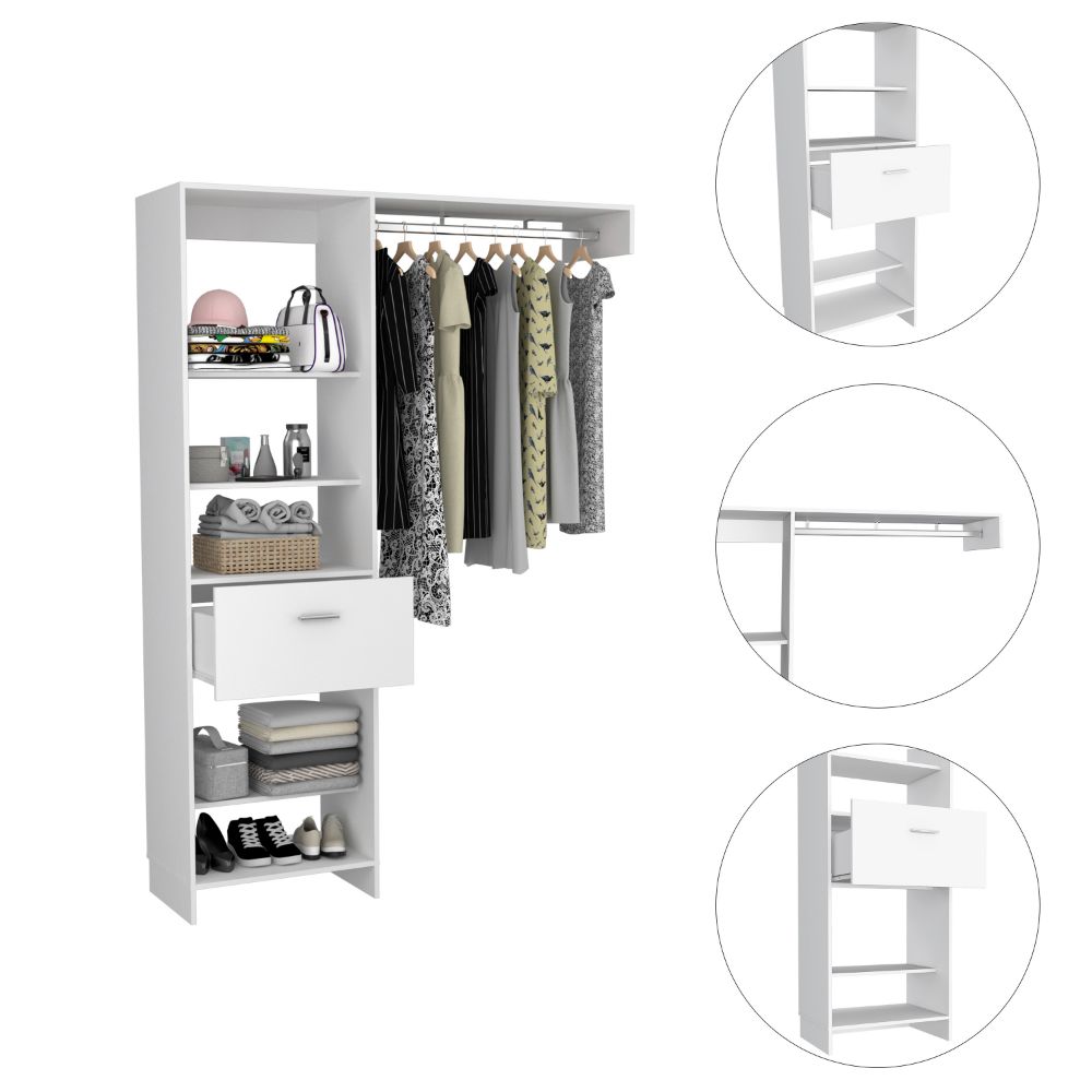 White modern modular closet system with hanging rod and shelves