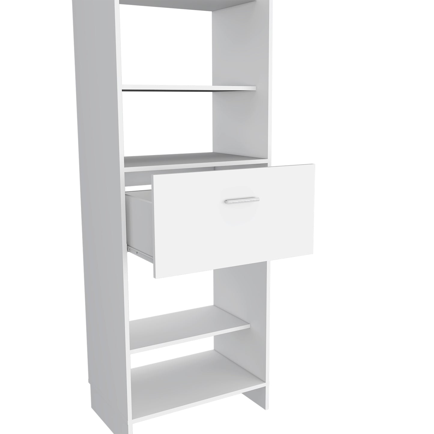 White narrow bookcase with open shelves and one drawer Modern storage solution for small spaces