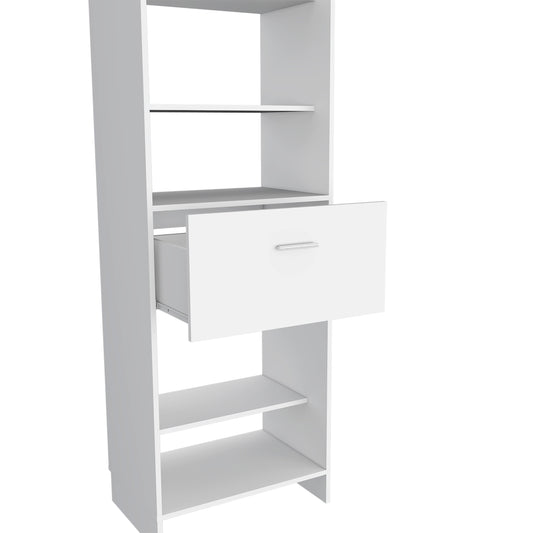 White narrow bookcase with open shelves and one drawer Modern storage solution for small spaces