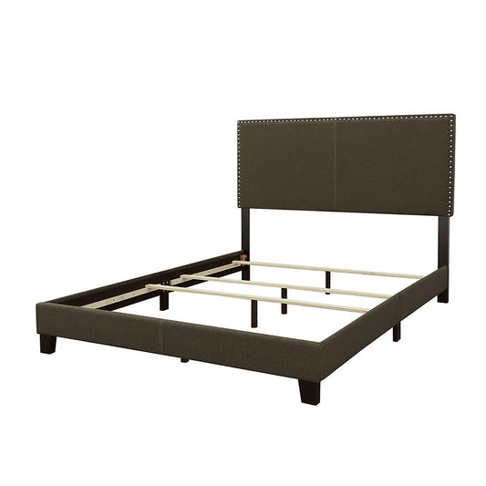 Brown upholstered bed frame with nailhead trim headboard and wooden slats