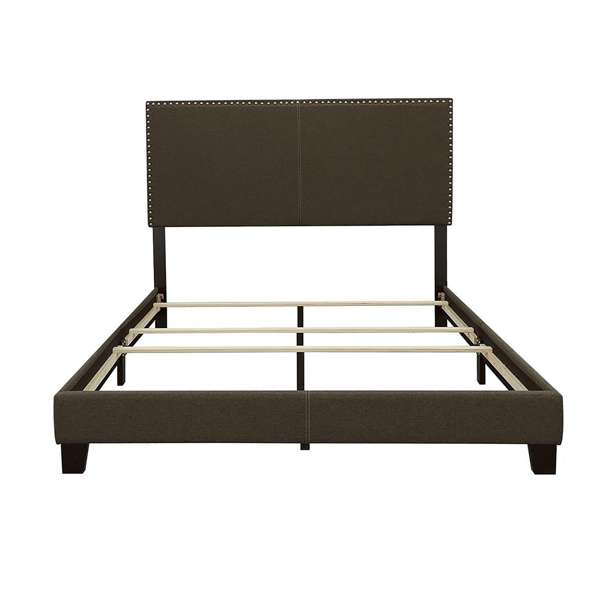Dark brown upholstered platform bed frame with nailhead trim headboard