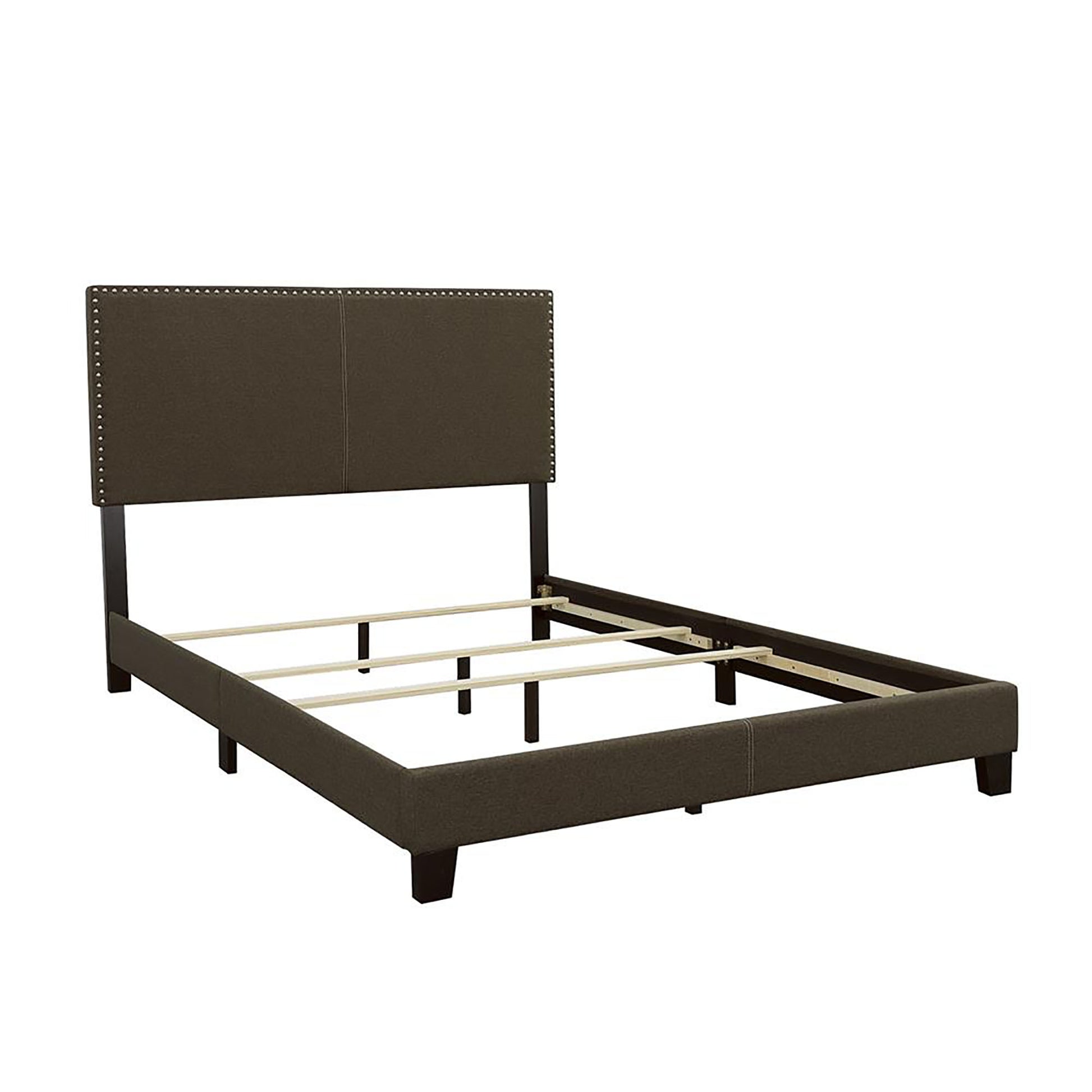 Brown fabric upholstered bed frame with tufted headboard and wooden slats