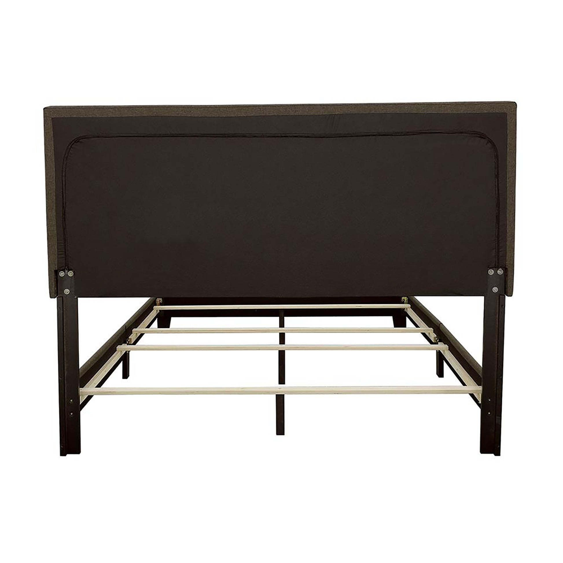 Upholstered headboard and dark metal bed frame with wooden slats
