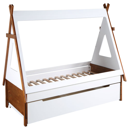 Wooden and white teepee bed frame with pullout drawer for kids room