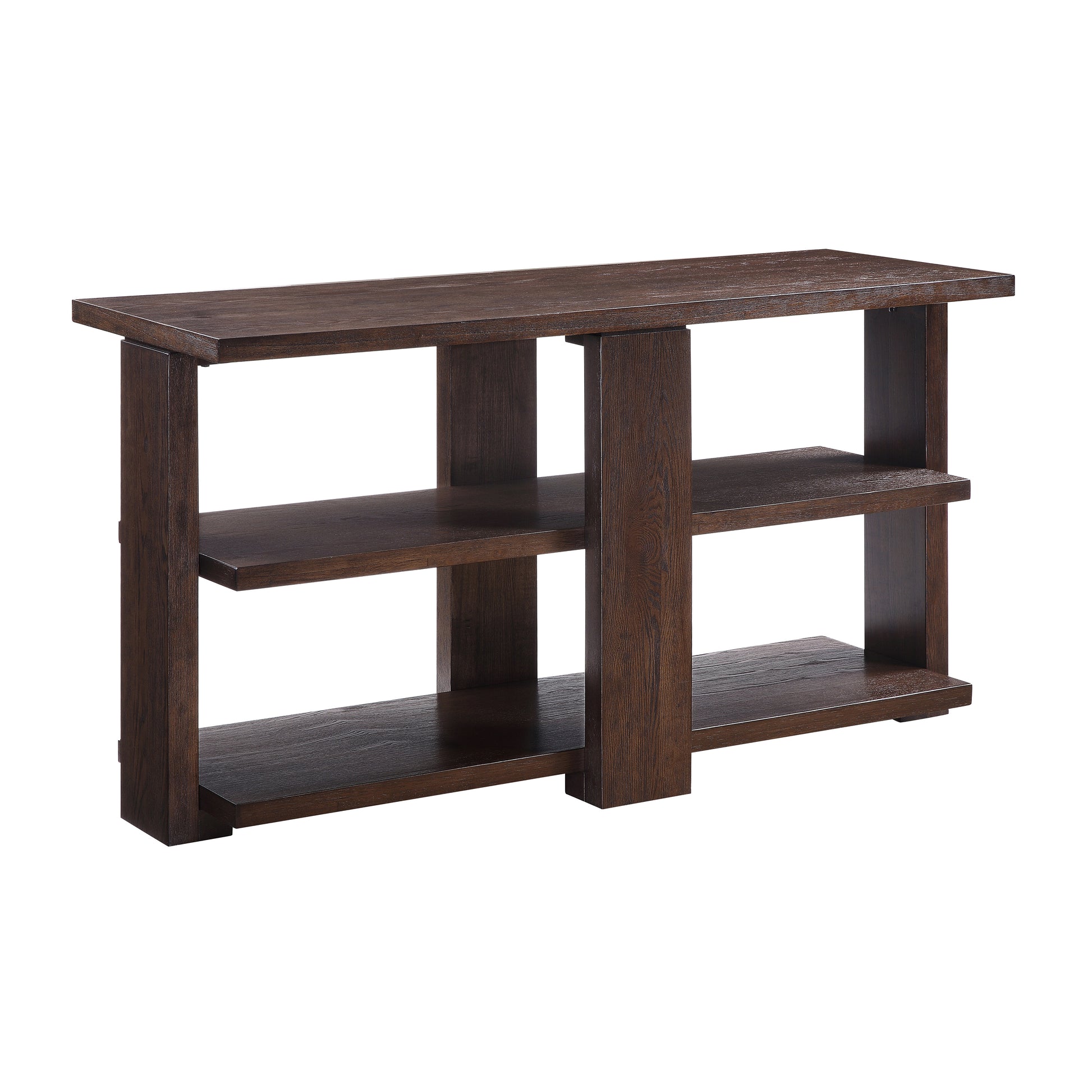 Dark wood console table with three open shelves and clean lines