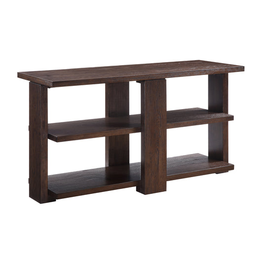 Dark wood console table with three open shelves and clean lines