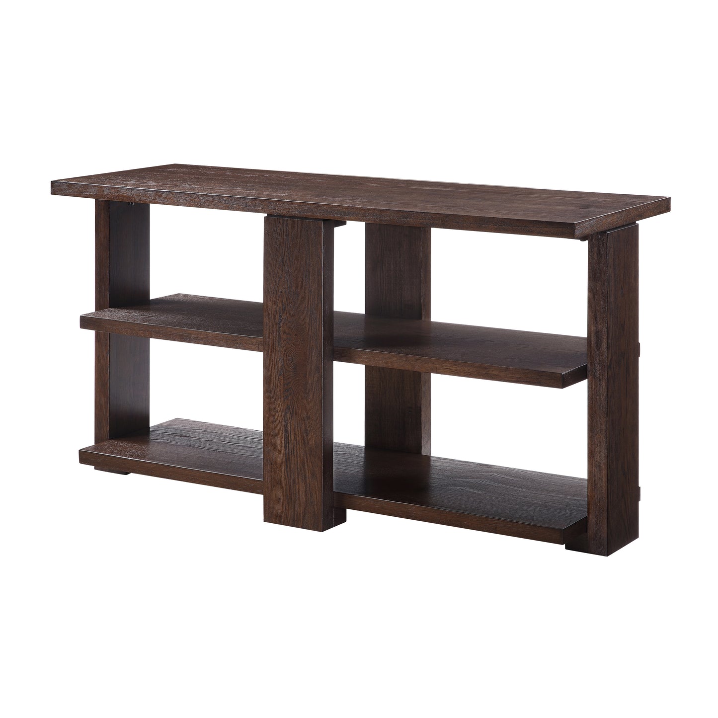 Dark brown wood console table with three open shelves and a modern design