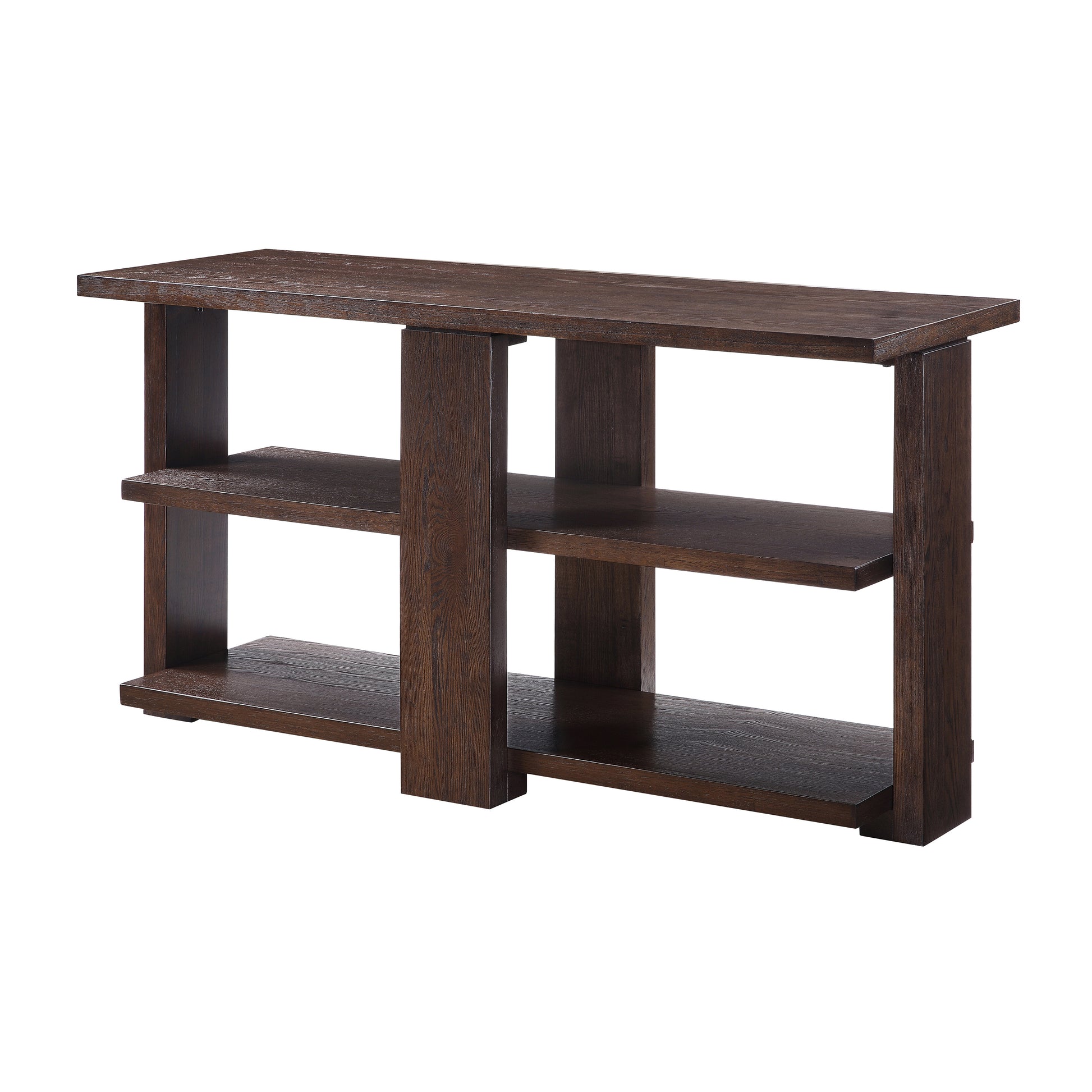Dark brown wood console table with three open shelves and a modern design