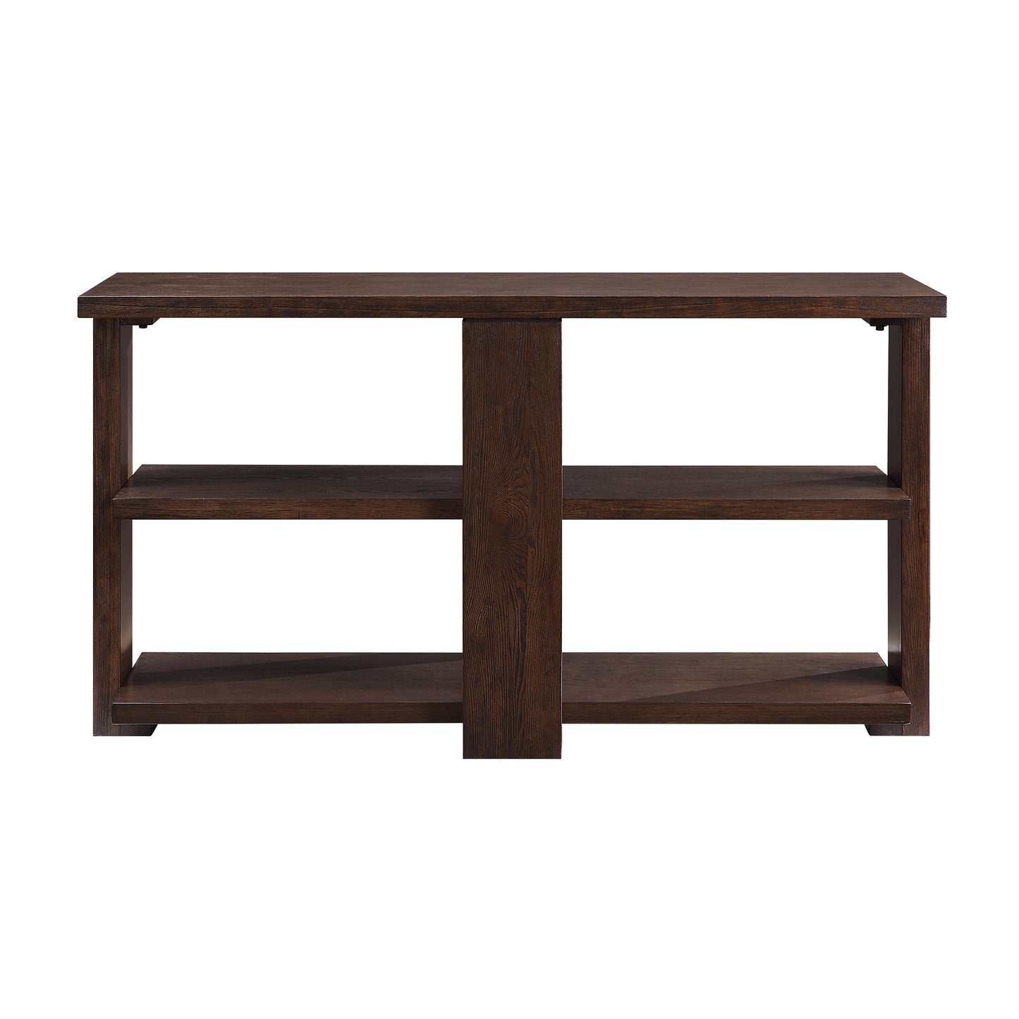 Dark brown engineered wood console table with two open shelves and minimalist design