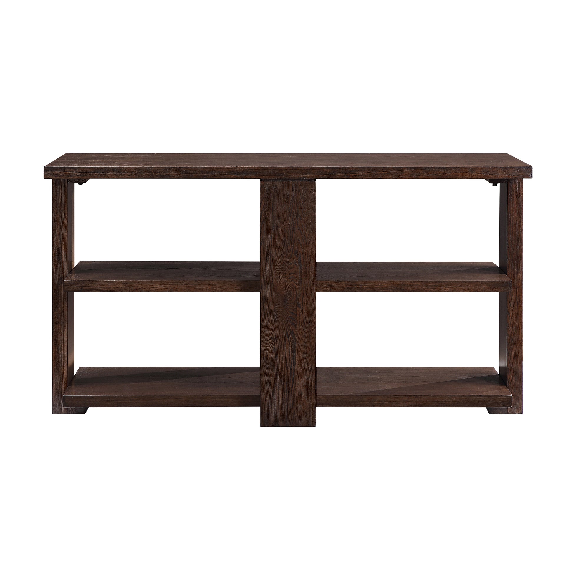 Dark brown engineered wood console table with two open shelves and minimalist design