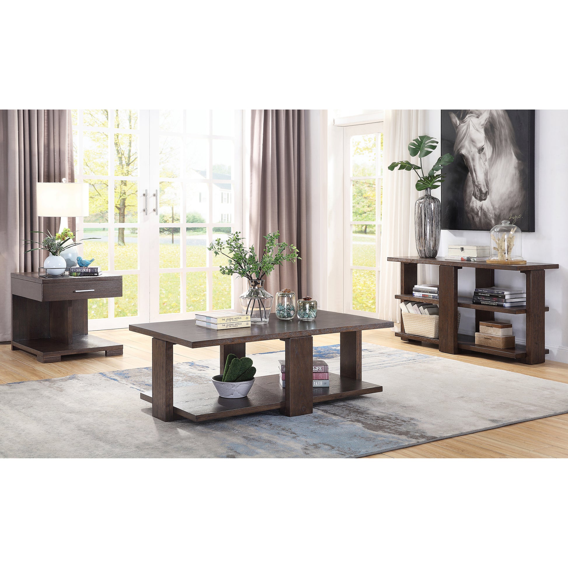 Dark wood coffee table with open shelf design contemporary living room furniture