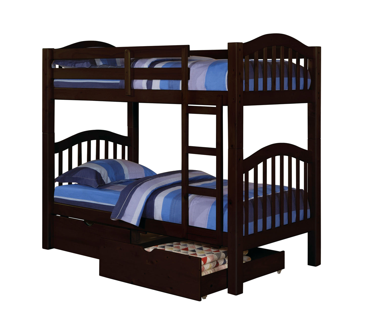 Dark espresso wooden bunk bed with blue striped bedding and pullout drawers