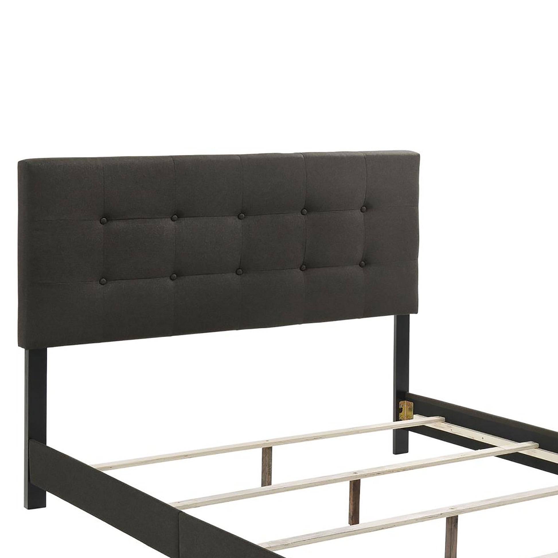Dark gray upholstered headboard with diamond tufting on a black bed frame