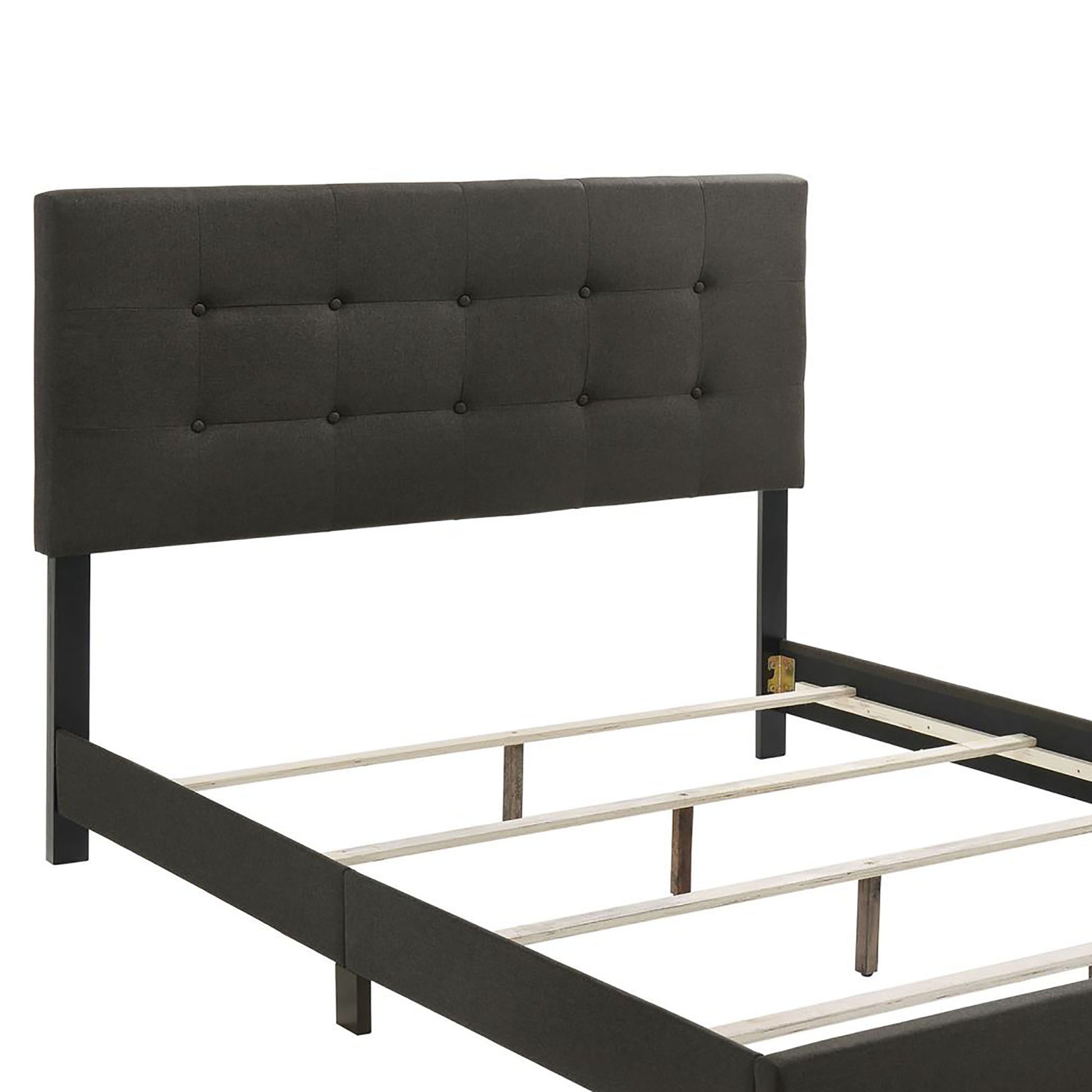Dark grey fabric headboard bed frame with button tufting and wooden slats for mattress support
