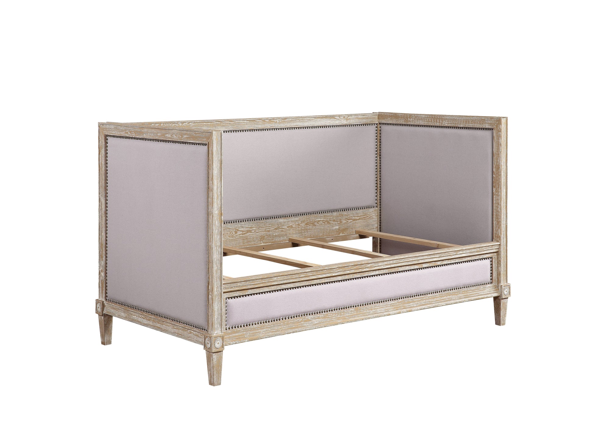 Upholstered bed frame with distressed wood light pink fabric and nailhead trim
