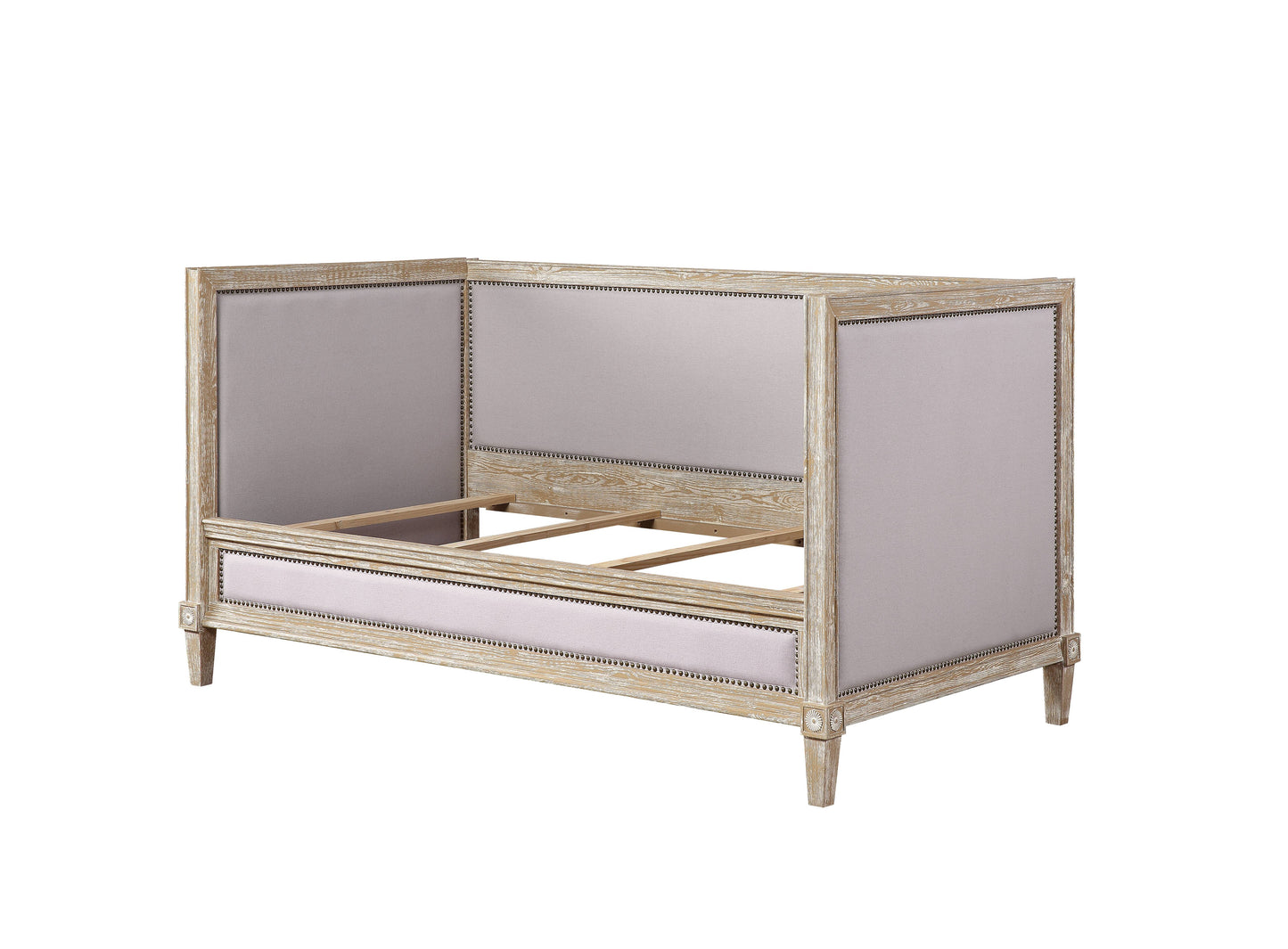 Upholstered bed frame with distressed wood finish and silver fabric